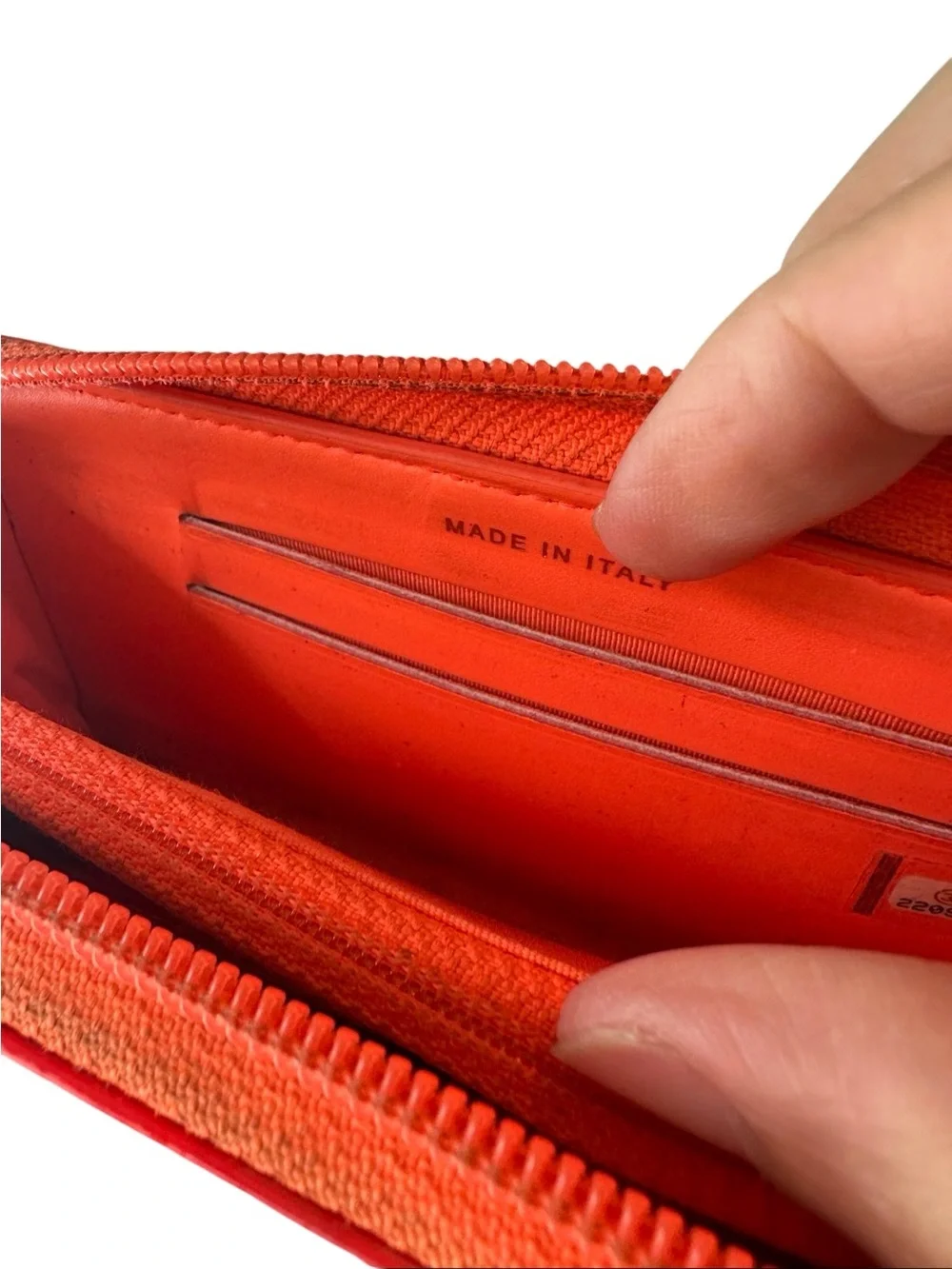 CHANEL Quilted Patent Zip Wallet in Bright Orange